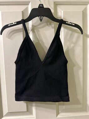 FP Movement by Free People Black Ribbed V-Neck Tank Top